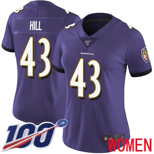 Baltimore Ravens Limited Purple Women Justice Hill Home Jersey NFL Football 43 100th Season Vapor Untouchable